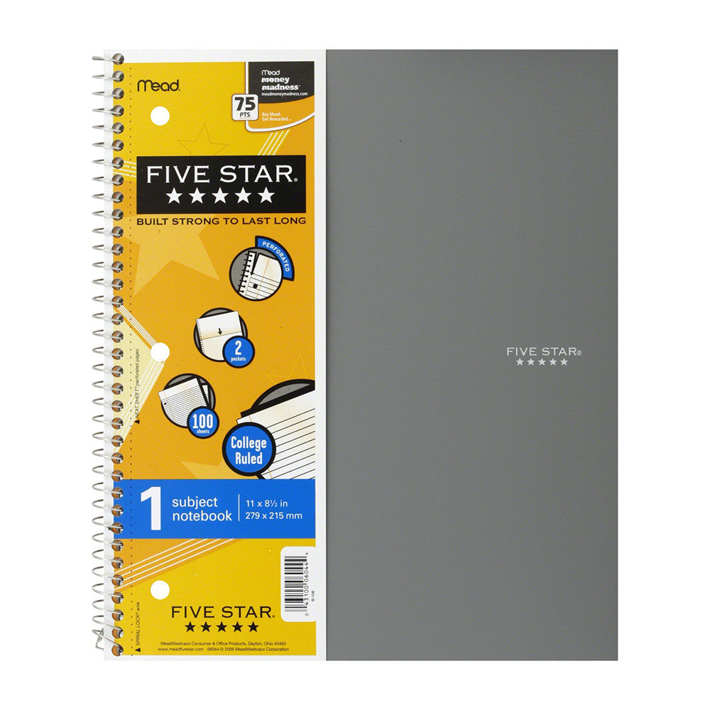 Mead Five Star 1 Subject College Ruled Notebook, 100 Sheets, 1 Ea
